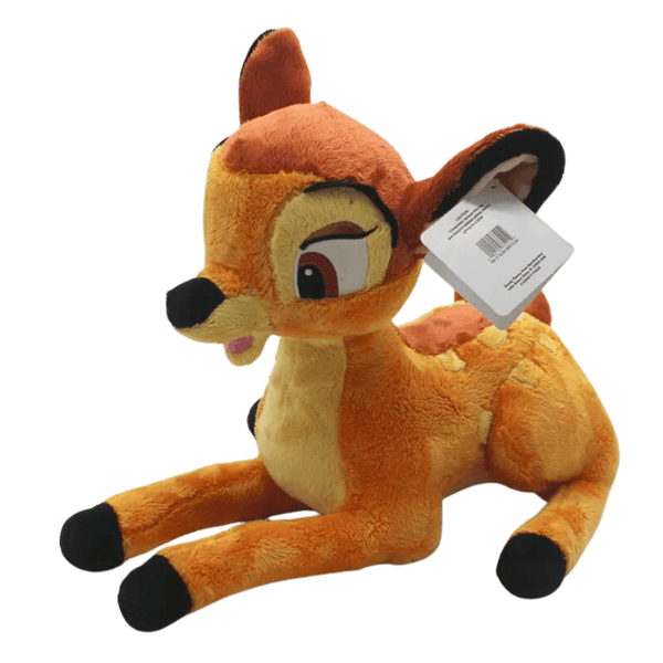 Peluche Bambi orange et beige en tissu doux, avec de grandes oreilles, de grands yeux et des sabots noirs.