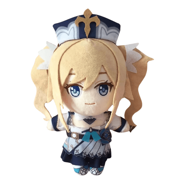 Peluche Barbara blonde aux yeux bleus, vêtue d’une tenue bleu marine et blanche avec un chapeau orné