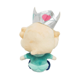 Peluche Bébé Harmonie vue de dos, avec cheveux blond crème, robe turquoise et couronne argentée ornée d’un cœur rose