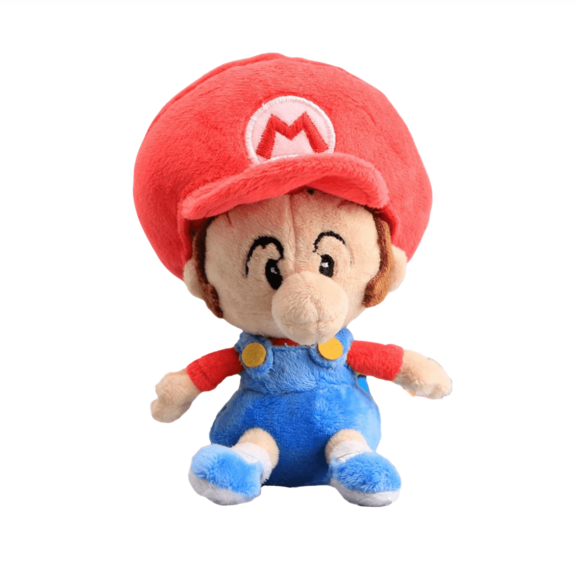peluche Bébé Mario aux vêtements bleus et rouges, avec une casquette rouge ornée d’un M et des boutons jaunes