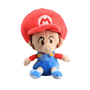 peluche Bébé Mario aux vêtements bleus et rouges, avec une casquette rouge ornée d’un M et des boutons jaunes