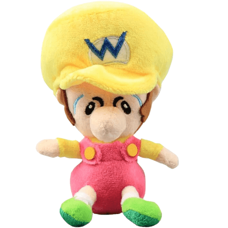 peluche Bébé Wario aux cheveux bruns, bonnet jaune marqué d’un W bleu, salopette rose et chaussures vertes