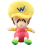 peluche Bébé Wario aux cheveux bruns, bonnet jaune marqué d’un W bleu, salopette rose et chaussures vertes
