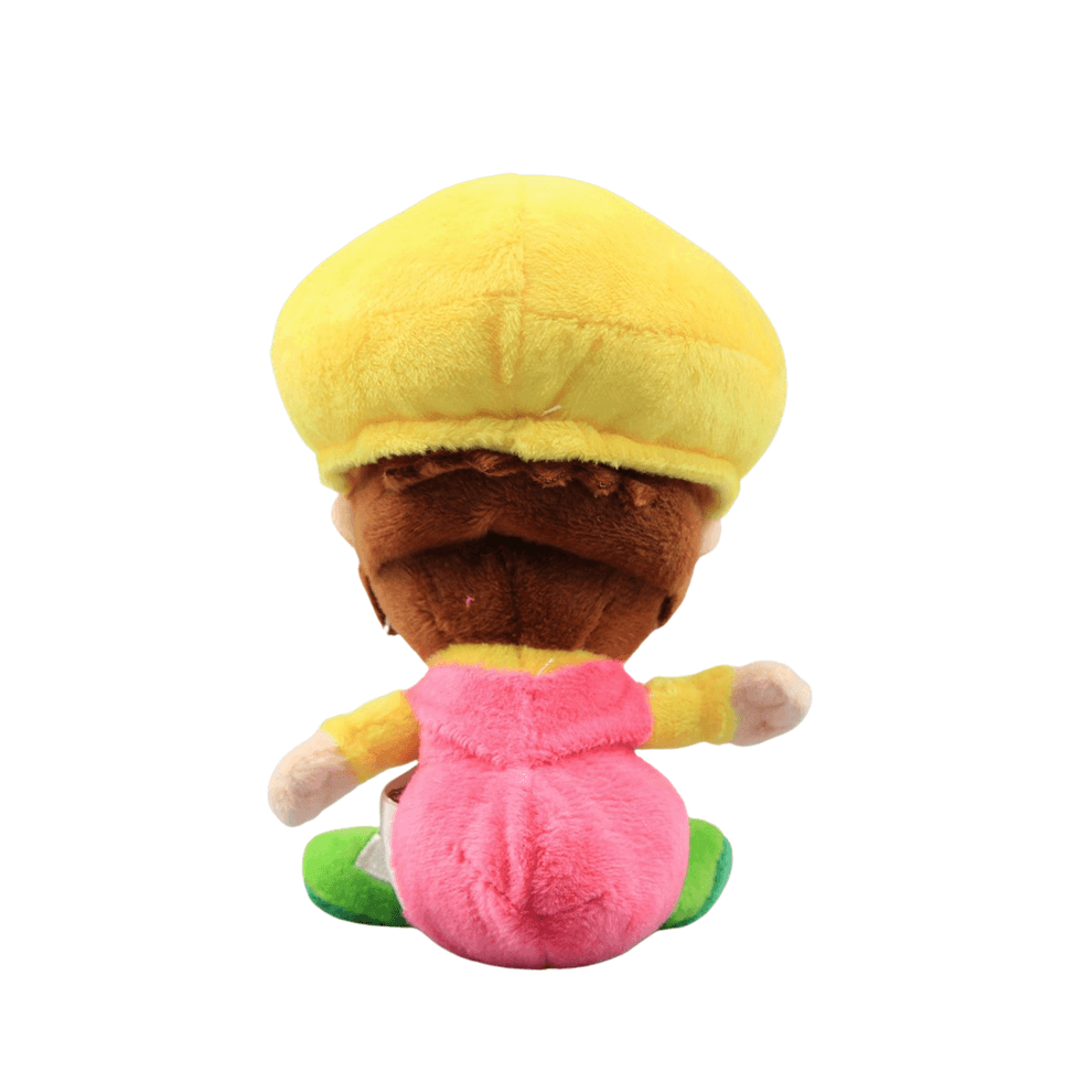 peluche Bébé Wario en tissu doux, vue de dos, avec bonnet jaune, cheveux bruns, combinaison rose et chaussures vertes