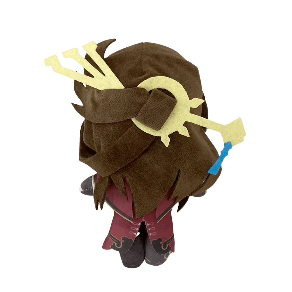peluche Beidou en tissu marron avec cheveux volumineux, ornement jaune pâle et tenue bordeaux à détails noirs