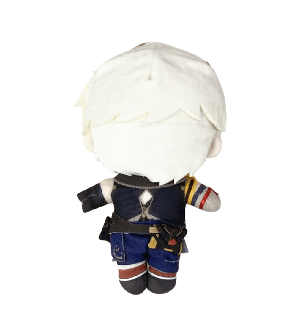 Peluche Bennett vue de dos, avec cheveux blancs, tenue bleu marine et noire, détails rouges et accessoires de ceinture.