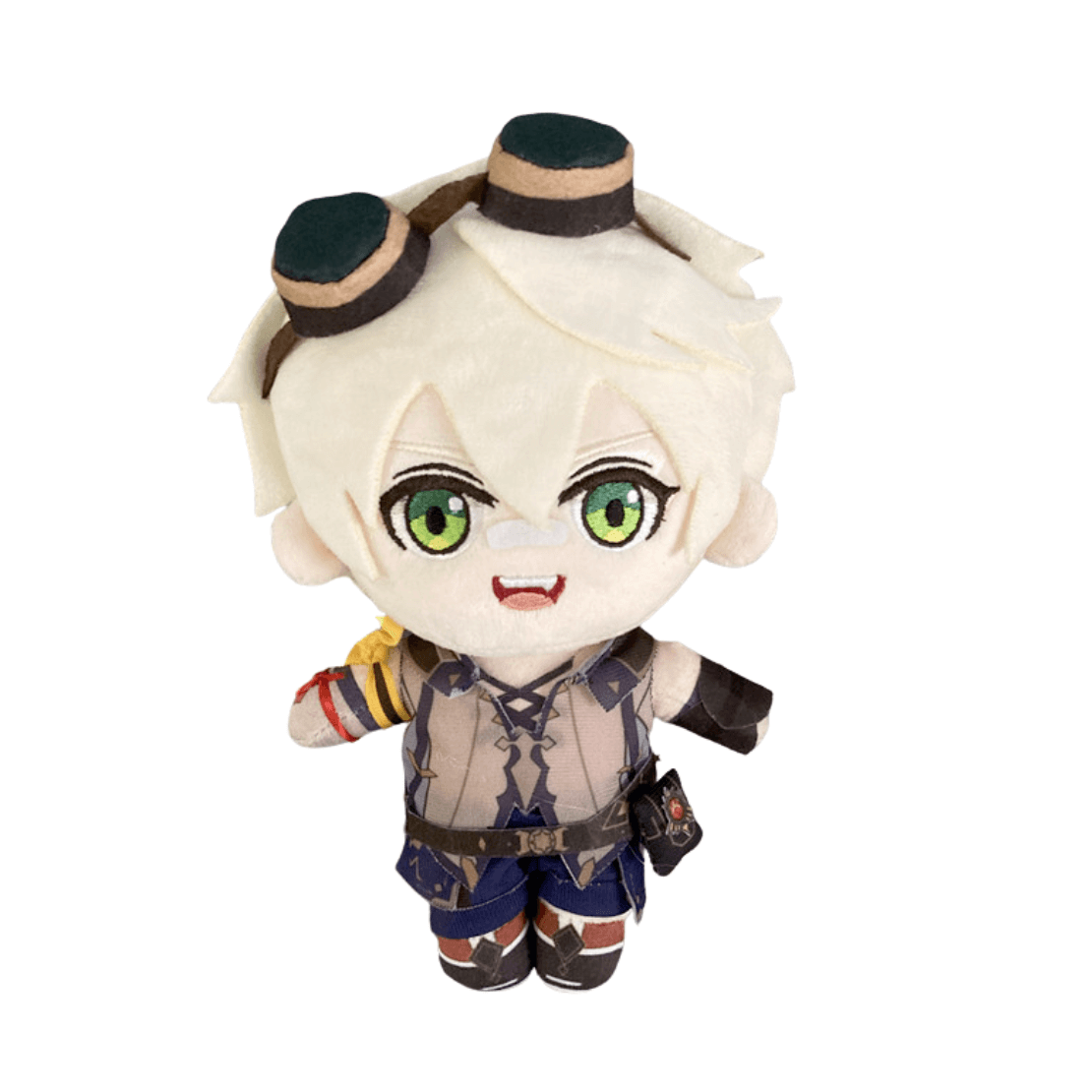 Peluche Bennett aux cheveux blancs, yeux verts brodés, lunettes sur la tête et tenue d’aventurier beige et bleu