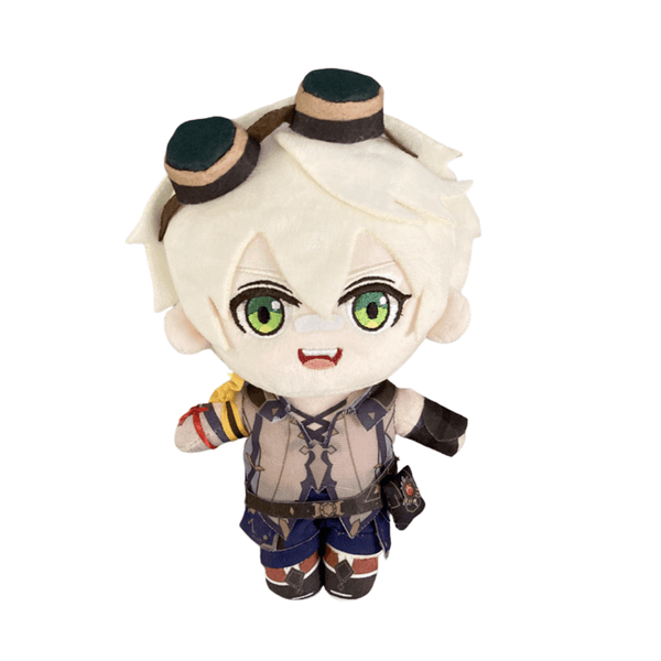 Peluche Bennett aux cheveux blancs, yeux verts brodés, lunettes sur la tête et tenue d’aventurier beige et bleu