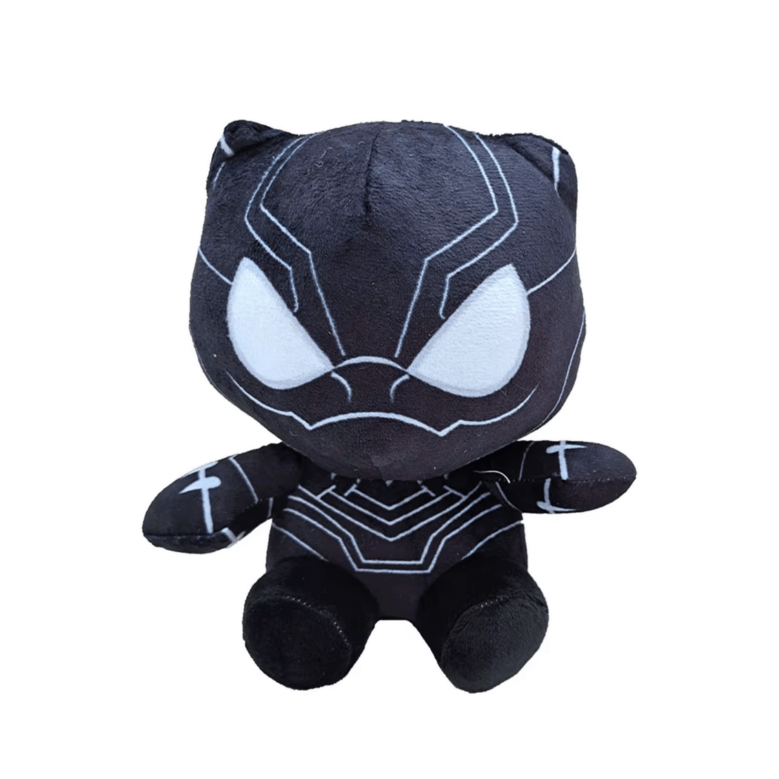 Peluche Black Panther noire en tissu doux, avec yeux blancs et lignes argentées dessinant son masque et son costume.
