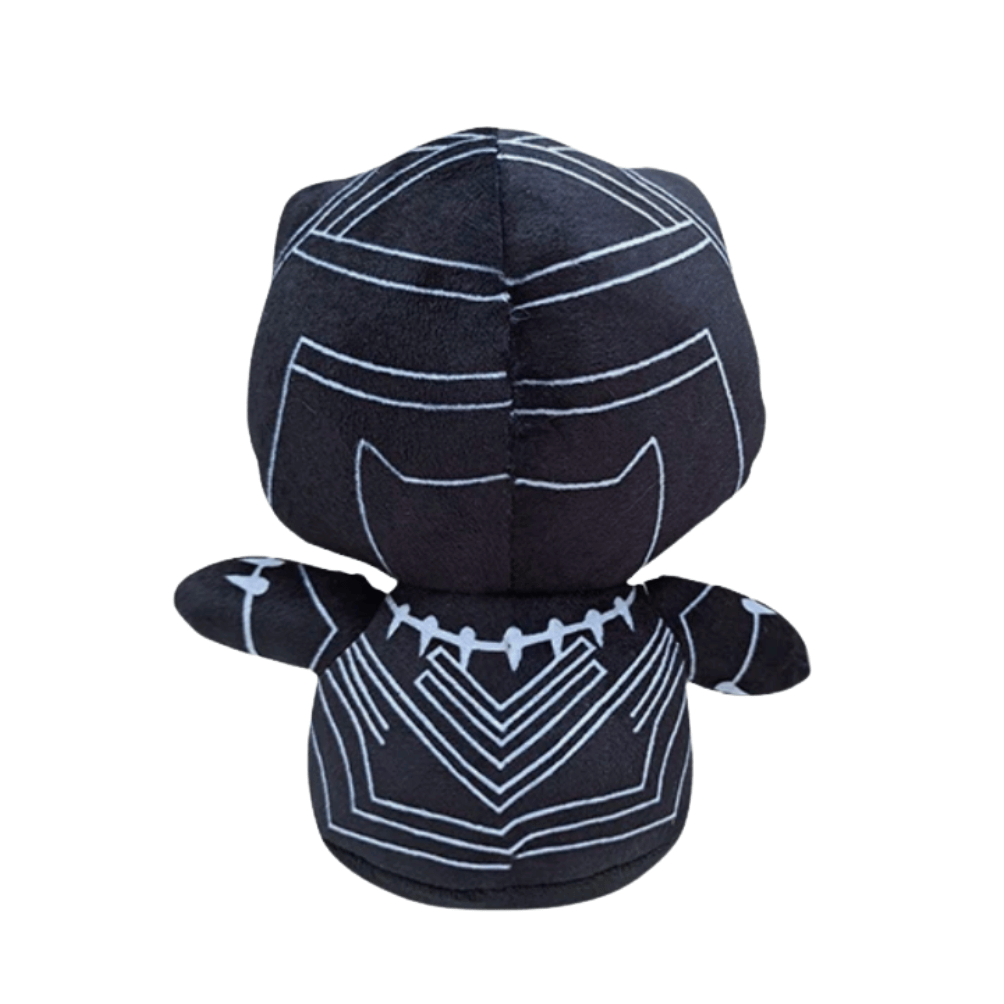 peluche Black Panther noire en tissu doux, avec un masque sans traits du visage et des motifs de lignes argentées