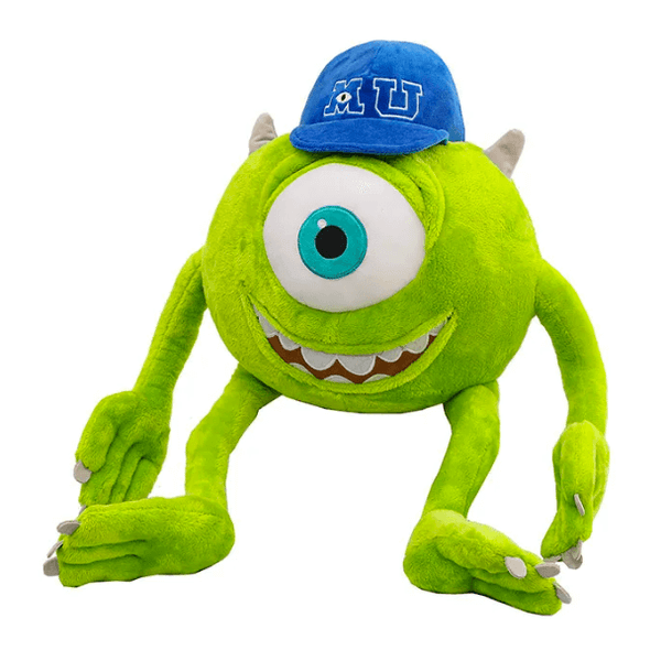 Peluche peluche Bob Razowski verte en tissu doux, avec un grand œil turquoise, deux cornes et une casquette bleue.