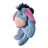 Peluche Bourriquet en tissu bleu et mauve, avec de longues oreilles roses, une crinière noire ébouriffée et un museau beige.