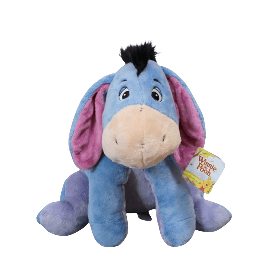 Peluche Bourriquet bleue en tissu doux, avec de longues oreilles roses, un museau beige et une crinière noire