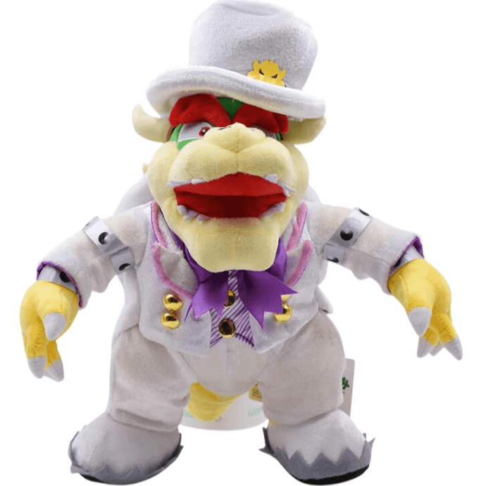 peluche Bowser en costume blanc de mariage, avec chapeau haut-de-forme, nœud violet et boutons dorés
