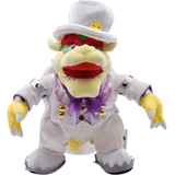 peluche Bowser en costume blanc de mariage, avec chapeau haut-de-forme, nœud violet et boutons dorés