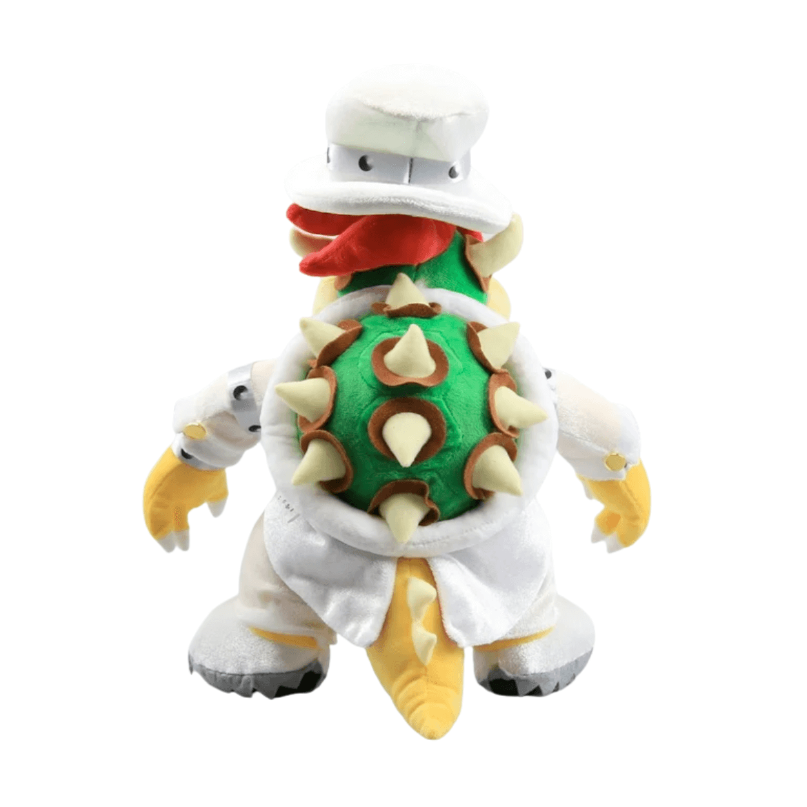 Peluche Bowser en tenue de mariage blanche, carapace verte à pics beiges, crinière rouge et détails jaunes