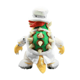 Peluche Bowser en tenue de mariage blanche, carapace verte à pics beiges, crinière rouge et détails jaunes