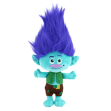 Peluche Branch turquoise avec une haute chevelure violette, un gilet vert texturé et un pantalon brun à détails verts.