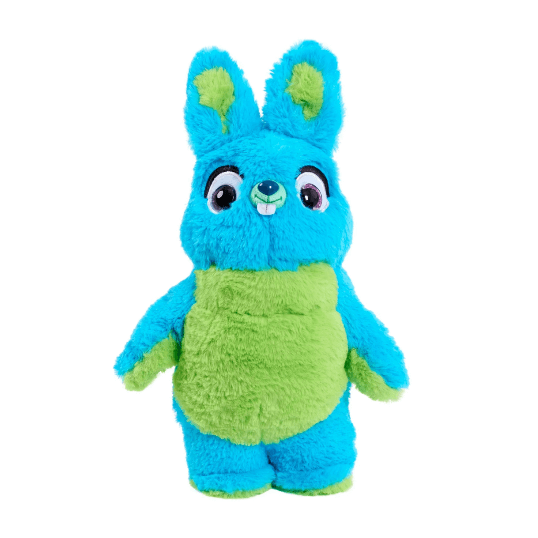 peluche Bunny bleu et verte en tissu à poils doux, avec de longues oreilles, un ventre vert et de grands yeux brodés