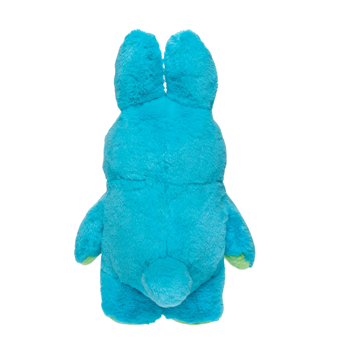 Peluche Bunny turquoise en tissu à poils doux, vue de dos avec de longues oreilles, une petite queue et des pattes vertes.