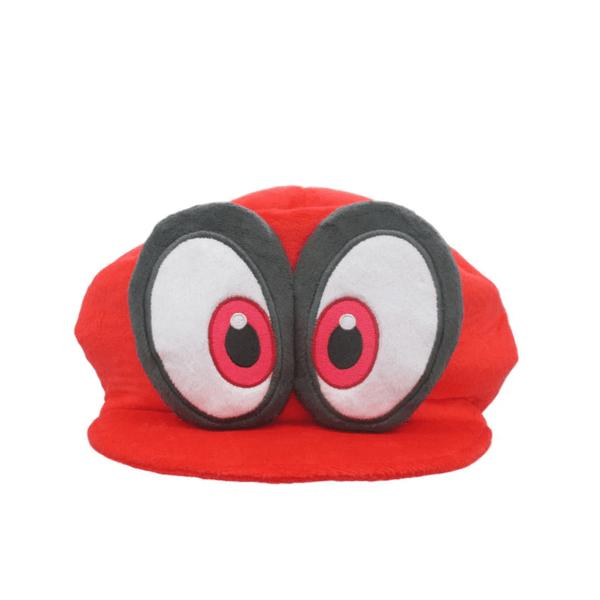 Peluche Cappy rouge en tissu doux, ornée de grands yeux ovales blancs et noirs cerclés de gris foncé.