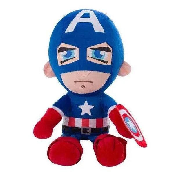 Peluche Captain America en tissu bleu, rouge et blanc, avec un grand A, une étoile et son bouclier emblématique.