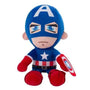 Peluche Captain America en tissu bleu, rouge et blanc, avec un grand A, une étoile et son bouclier emblématique.