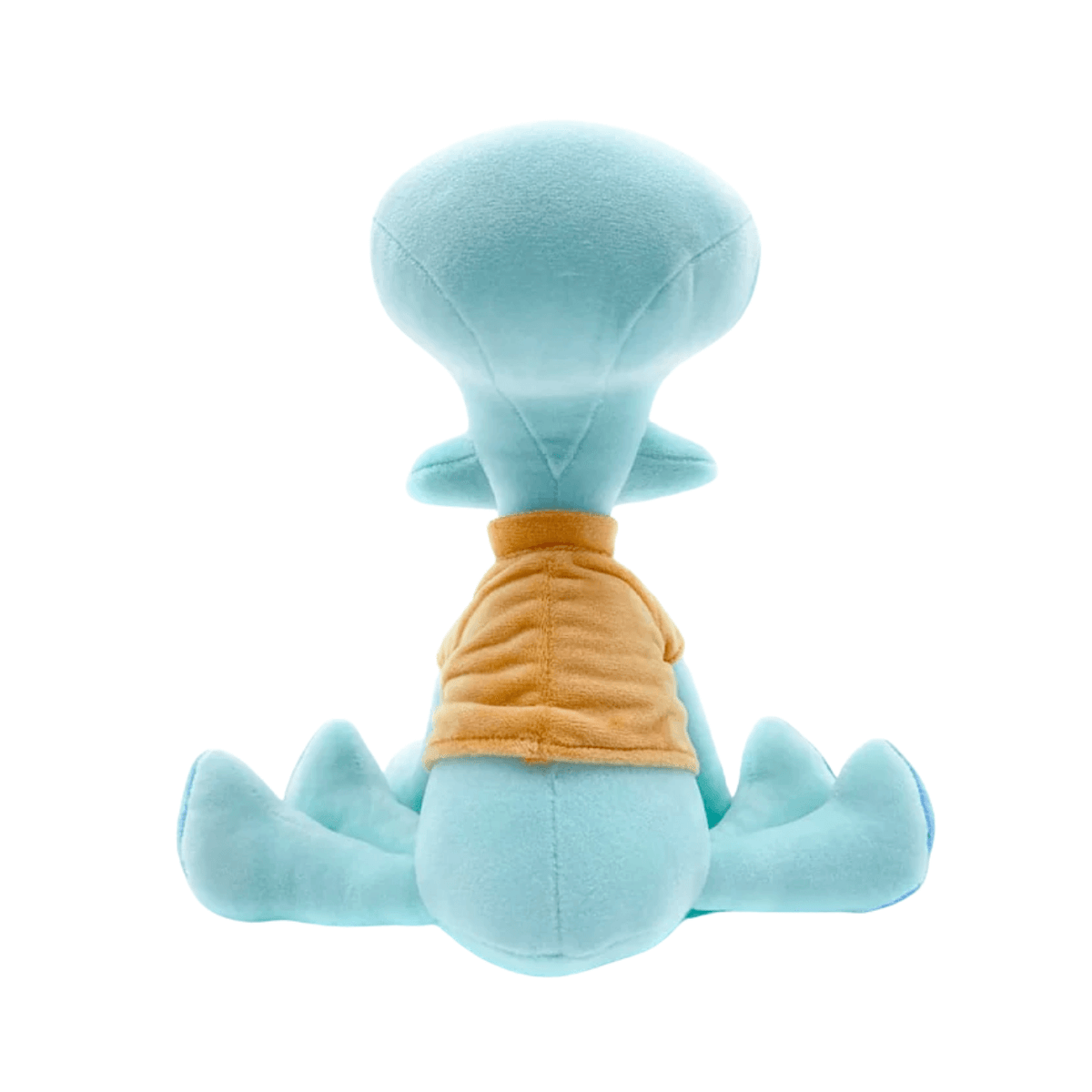 Peluche Carlo bleu turquoise en tissu doux, vue de dos, portant une chemise marron et doté de tentacules rembourrés.