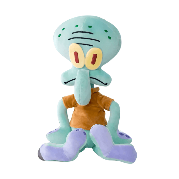 peluche Carlo en tissu turquoise et brun, avec de grands yeux jaunes, une expression renfrognée et des tentacules mauves