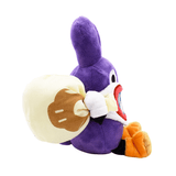 Peluche Carottin violette en tissu doux, reconnaissable à ses longues oreilles, son masque blanc et son sac beige