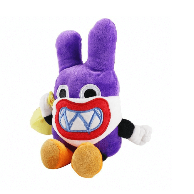 peluche Carottin violette en tissu doux, avec deux longues oreilles, un masque blanc et une large bouche aux dents pointues