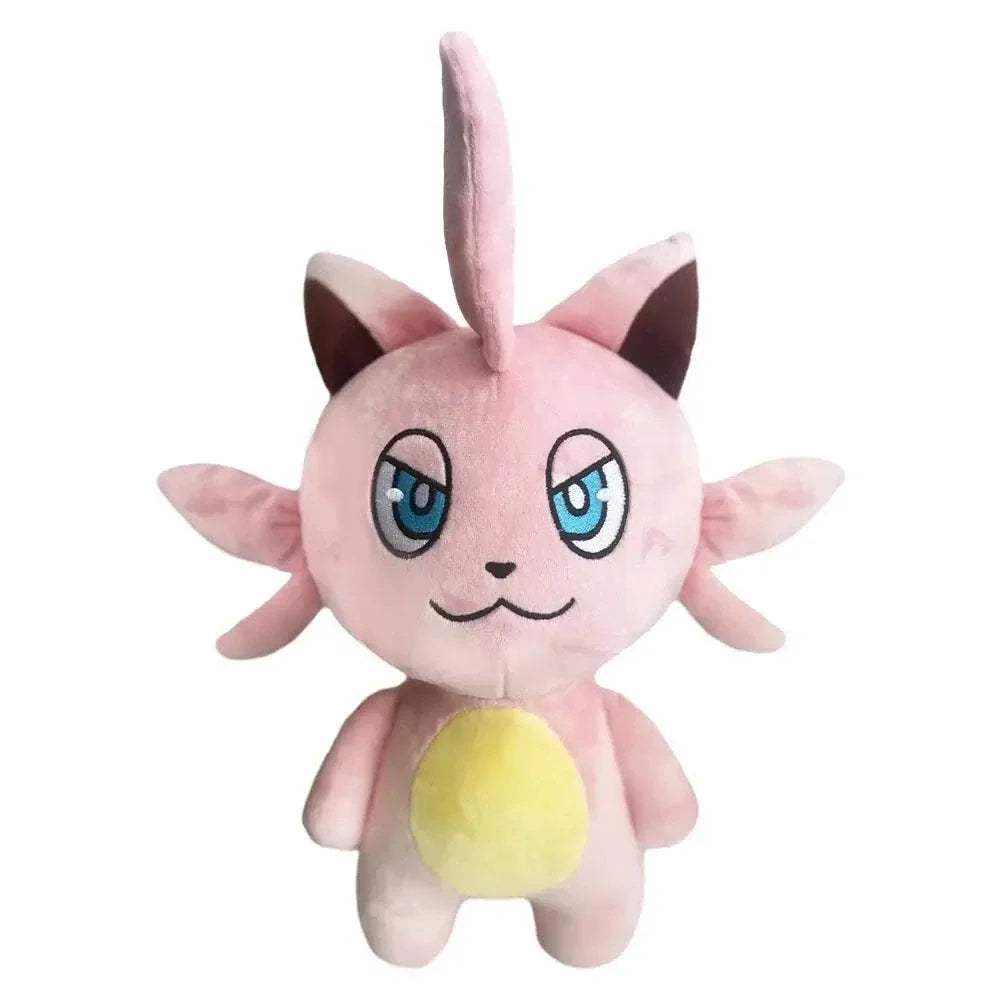 peluche Cattiva rose en tissu doux, avec de grands yeux bleus brodés, des oreilles pointues et un ventre jaune