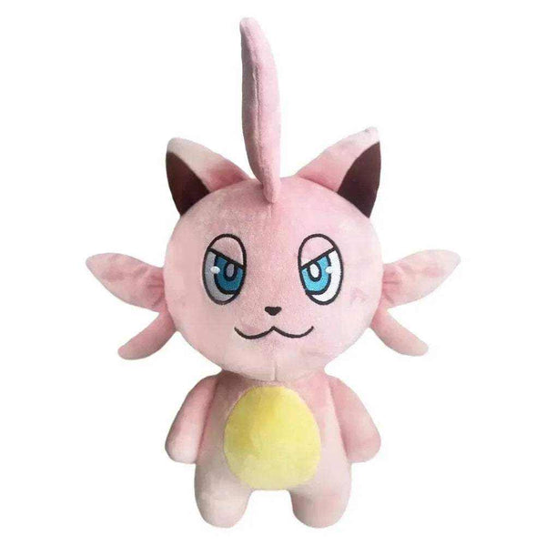 peluche Cattiva rose en tissu doux, avec de grands yeux bleus brodés, des oreilles pointues et un ventre jaune