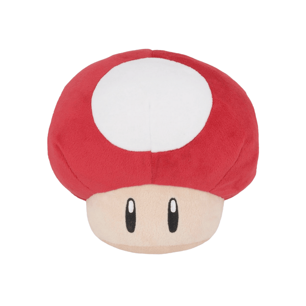 peluche Champignon rouge et blanc en tissu doux, avec un large chapeau à tache blanche et deux yeux noirs brodés