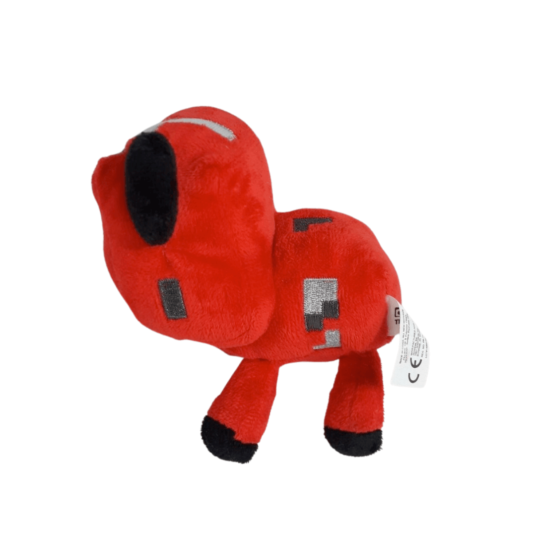 Peluche Champimeuh Rouge en tissu rouge à motifs pixelisés, avec museau, sabots et taches noirs caractéristiques de Minecraft.