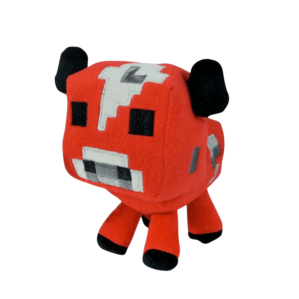 peluche Champimeuh Rouge rouge en tissu doux, avec cornes et pieds noirs, yeux carrés et motifs gris pixelisés