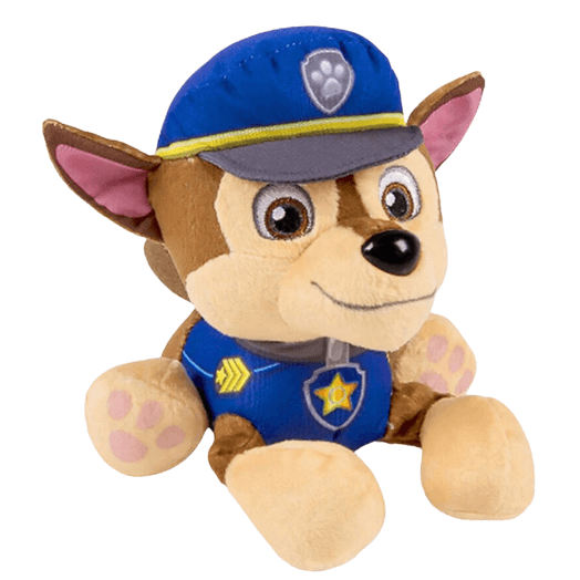 Peluche Chase au pelage beige et brun, portant une casquette et un uniforme de police bleus avec écussons jaunes.
