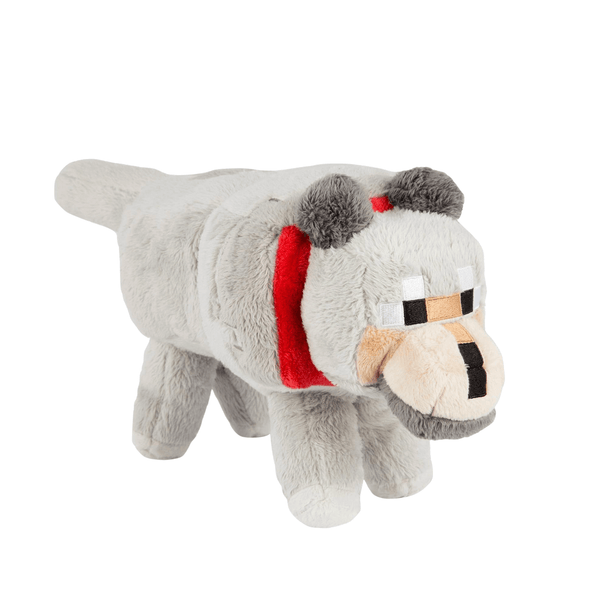 Peluche Chien Minecraft en peluche gris clair, avec oreilles grises, collier rouge et visage pixelisé beige et noir.