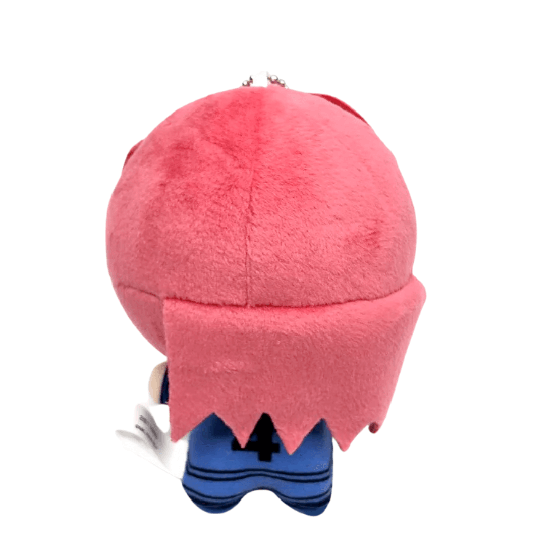 Peluche Chigiri Hyoma rose aux longs cheveux en tissu doux, portant une tenue bleue à rayures noires.