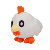 peluche Chikipi blanche en tissu doux, avec crête et pattes orange, bec jaune et grands yeux noirs brodés