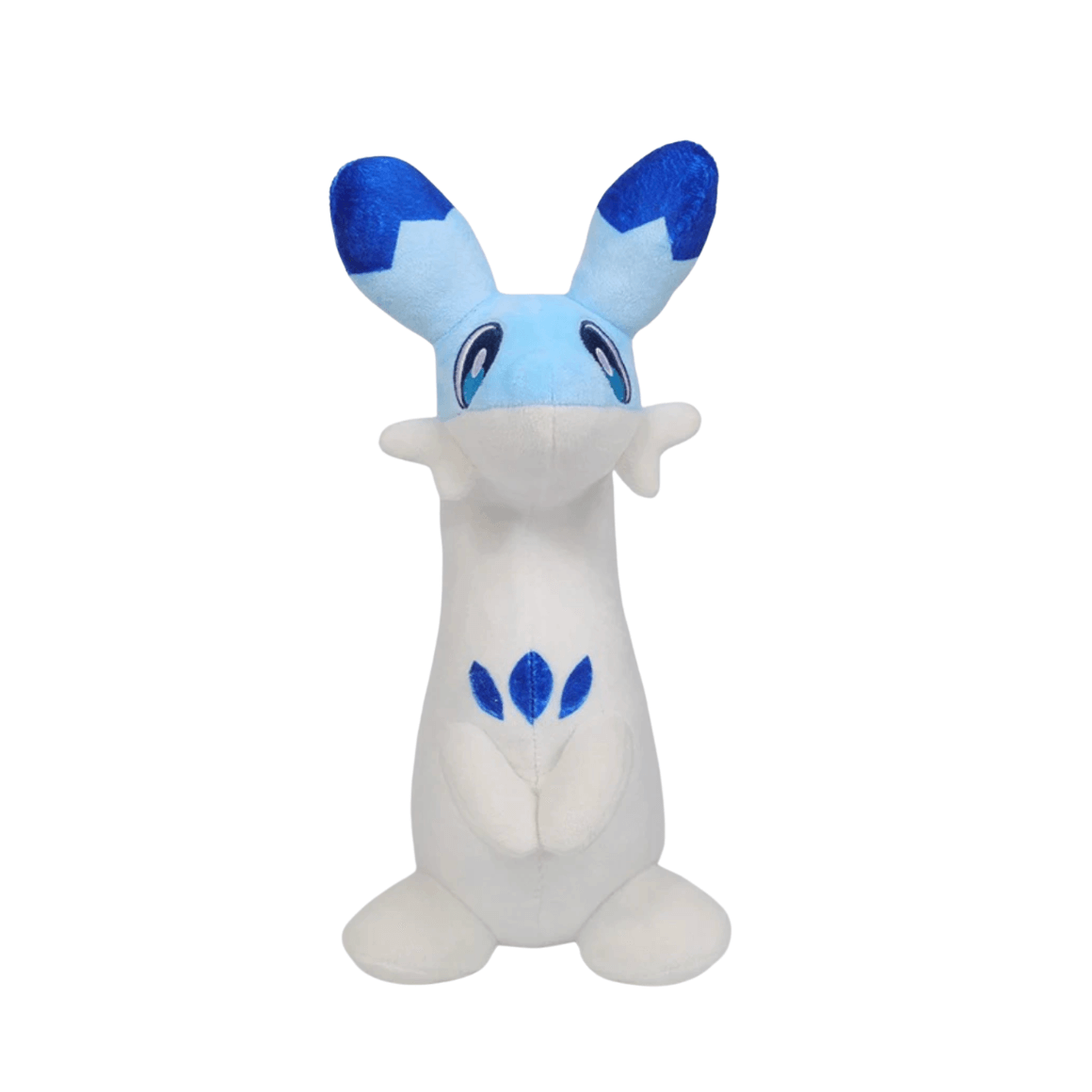 Peluche Chillet blanche et bleu clair en tissu doux, avec oreilles aux pointes bleu foncé et motifs bleus sur le ventre.