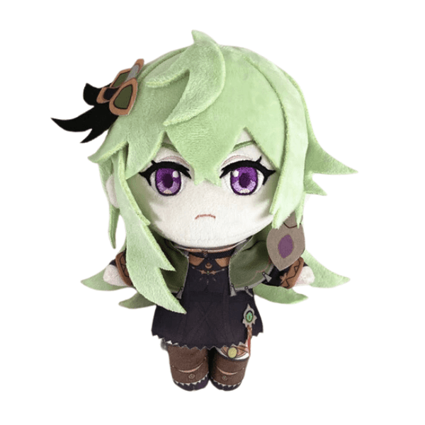 Peluche Collei aux cheveux vert clair, yeux violets brodés et tenue sombre avec détails bruns et verts
