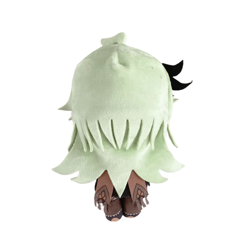 Peluche Collei vert pâle avec une longue chevelure en forme de feuilles et des bottes brunes ornées