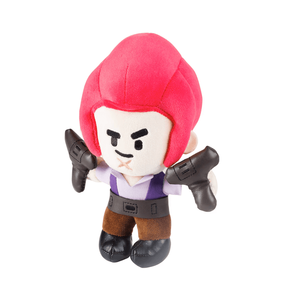 peluche Colt en tissu, avec une chevelure rouge vif, un gilet violet, un pantalon marron et deux revolvers noirs