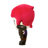 Peluche Colt en tissu rouge et blanc, vue de profil, tenant un revolver noir avec sa tenue violette et brune.