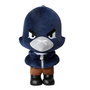 peluche Corbac bleu marine en tissu doux, avec masque gris, sourcils noirs, veste bleue, pantalon brun et bottes noires