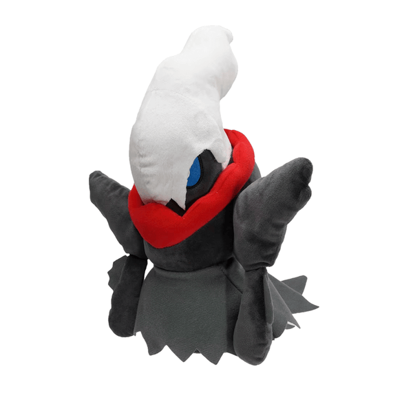 Peluche Darkrai en tissu gris anthracite, avec un œil bleu, un col rouge vif et une grande touffe blanche.