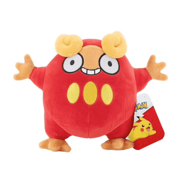 peluche Darumarond rouge en tissu doux, avec oreilles, mains et pieds jaunes, trois ovales jaunes et un large sourire.