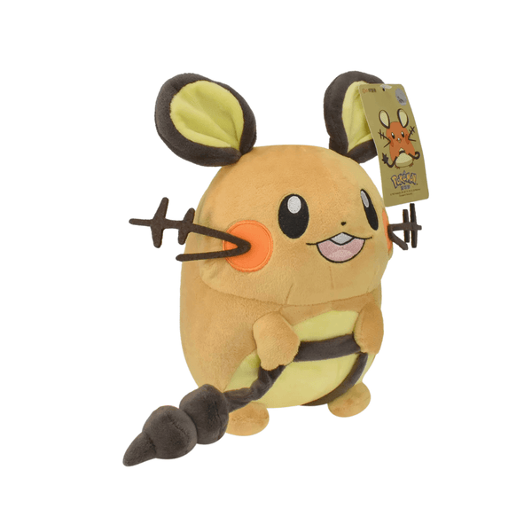 Peluche Dedenne jaune orangé avec ventre crème, grandes oreilles bordées de brun et longue queue en zigzag.