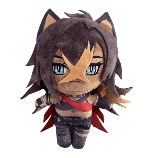 Peluche Dehya aux cheveux brun foncé, oreilles de chat et tenue noire à accents rouges et dorés, avec de grands yeux bleus brodés.